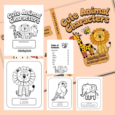 Cute Animal Characters Coloring Book, Digital download